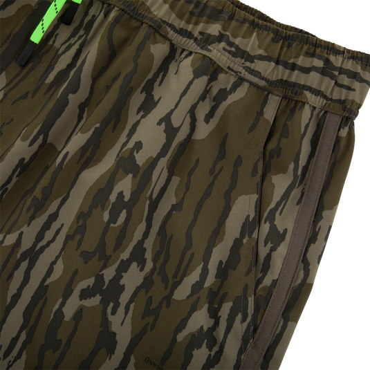 Camouflage-print Lake Shore Shorty Short with elastic waistband, neon-green drawcord, side-seam pocket, and water-repellent finish for active water adventures.