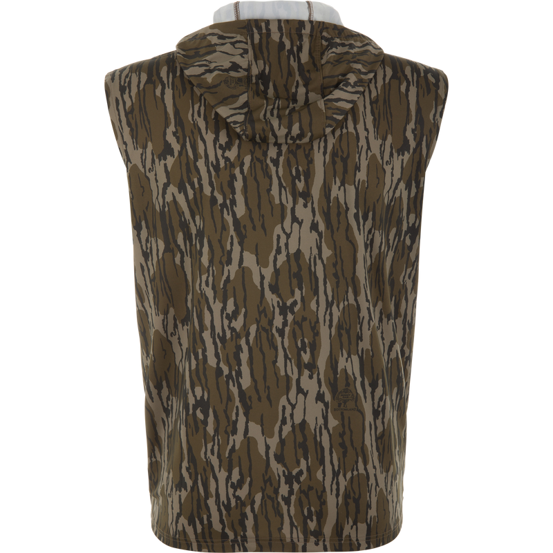 Lake Shore Performance Sleeveless Hoodie T-Shirt in camouflage pattern on mannequin, showcasing its lightweight, moisture-wicking fabric and UPF 50 sun protection for outdoor activities.