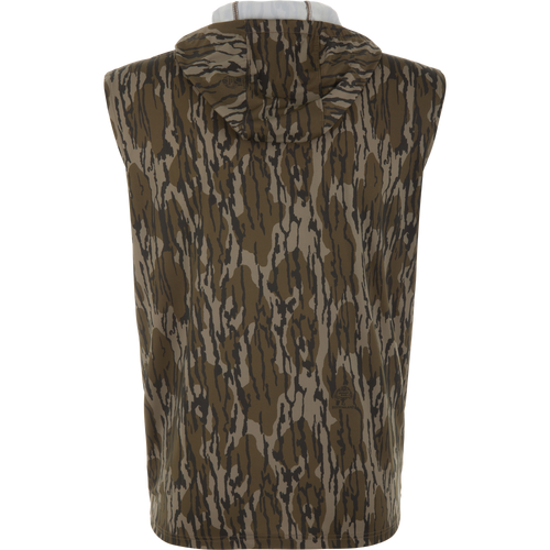 Lake Shore Performance Sleeveless Hoodie T-Shirt in camouflage pattern on mannequin, showcasing its lightweight, moisture-wicking fabric and UPF 50 sun protection for outdoor activities.
