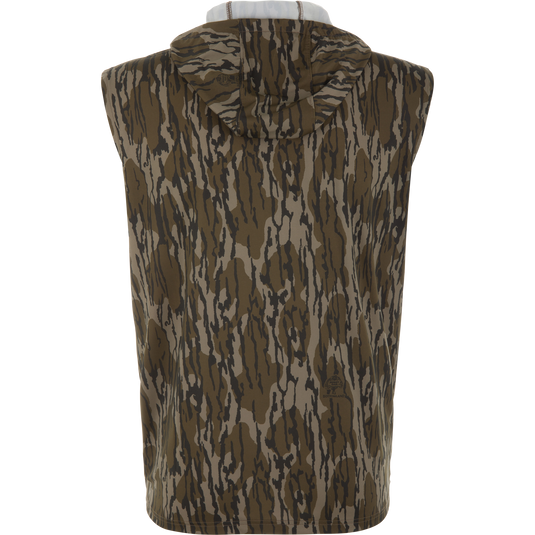 Lake Shore Performance Sleeveless Hoodie T-Shirt in camouflage pattern on mannequin, showcasing its lightweight, moisture-wicking fabric and UPF 50 sun protection for outdoor activities.
