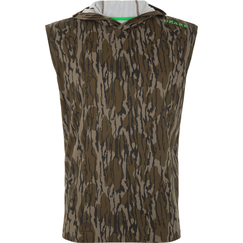 Lake Shore Performance Sleeveless Hoodie T-Shirt displayed on a mannequin, featuring a camo pattern and DRAKE logo, designed for cooling and sun protection.