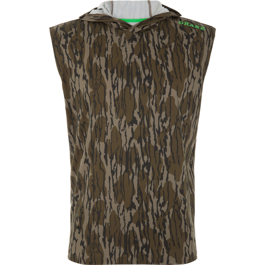 Lake Shore Performance Sleeveless Hoodie T-Shirt displayed on a mannequin, featuring a camo pattern and DRAKE logo, designed for cooling and sun protection.