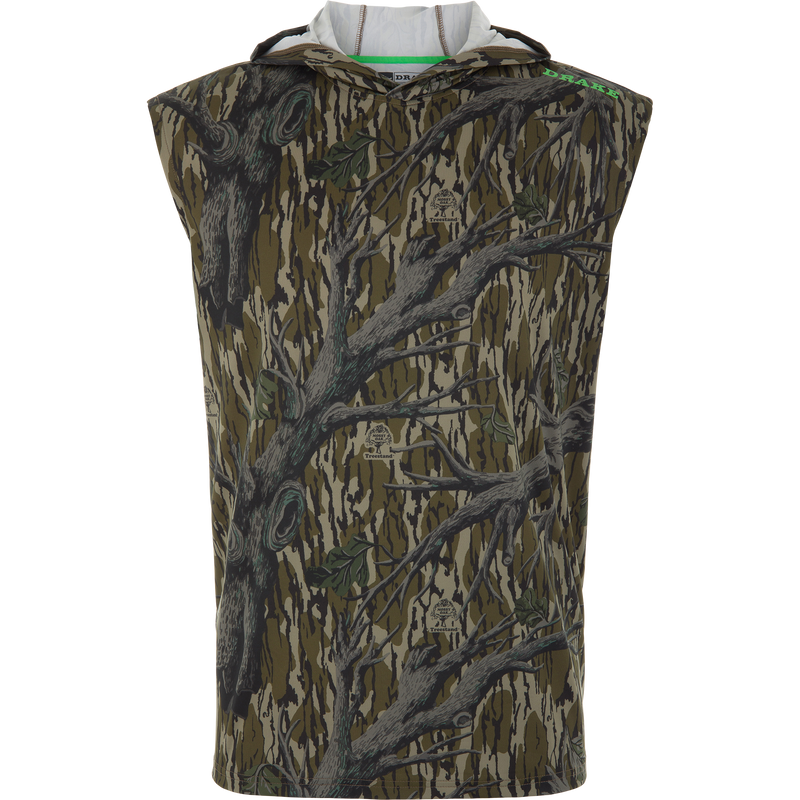 Lake Shore Performance Sleeveless Hoodie T-Shirt featuring tree-bark camouflage, hood, and Drake branding; designed for cooling, sun protection, and moisture-wicking.