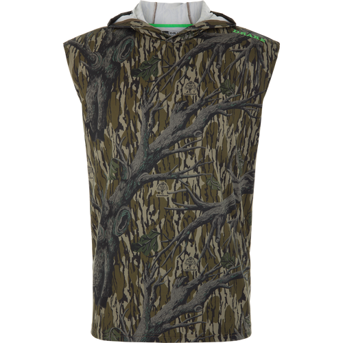 Lake Shore Performance Sleeveless Hoodie T-Shirt featuring tree-bark camouflage, hood, and Drake branding; designed for cooling, sun protection, and moisture-wicking.