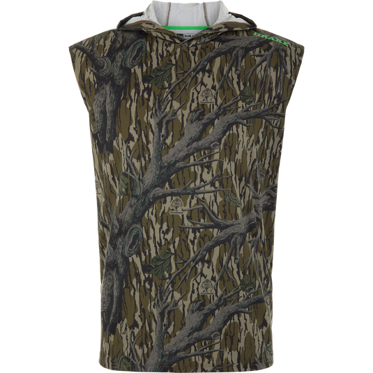 Lake Shore Performance Sleeveless Hoodie T-Shirt featuring tree-bark camouflage, hood, and Drake branding; designed for cooling, sun protection, and moisture-wicking.