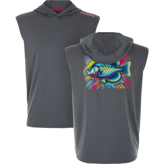 Lake Shore Performance Sleeveless Hoodie T-Shirt featuring a charcoal-gray design with Drake branding and a multicolored fish graphic, ideal for active, sun-protected comfort.