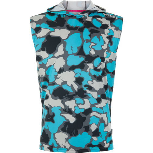 Lake Shore Performance Sleeveless Hoodie T-Shirt with camouflage design, featuring a pink-lined hood, offers moisture-wicking, cooling technology, and UPF 50 protection.