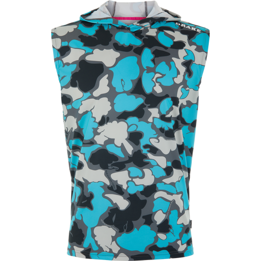 Lake Shore Performance Sleeveless Hoodie T-Shirt with camouflage design, featuring a pink-lined hood, offers moisture-wicking, cooling technology, and UPF 50 protection.