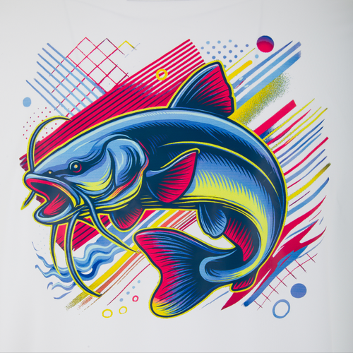 Illustration of a catfish in neon colors, symbolizing the Lake Shore Performance Sleeveless Hoodie, highlighting its lightweight, moisture-wicking, and sun-protection features for active outdoor use.