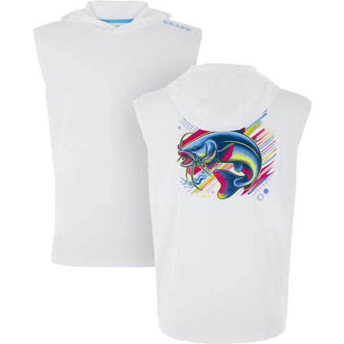 Lake Shore Performance Sleeveless Hoodie T-Shirt showcases a plain front and a vibrant leaping catfish design on the back, perfect for fishing and outdoor activities.