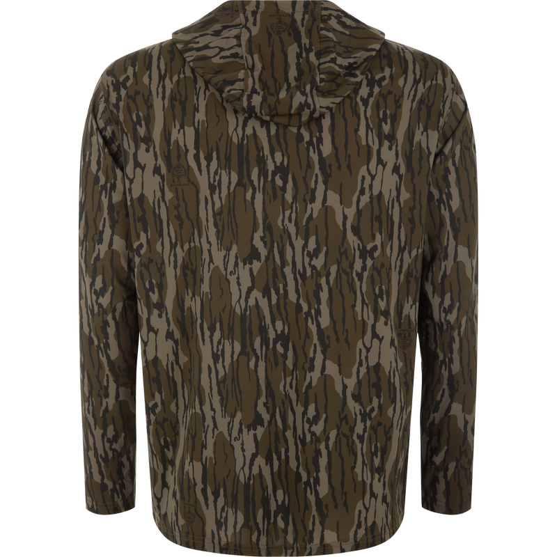 Lake Shore Performance Long Sleeve Hoodie in “Bottomland” camo, showcasing its lightweight, moisture-wicking fabric and UPF 50 protection, ideal for active outdoor pursuits.