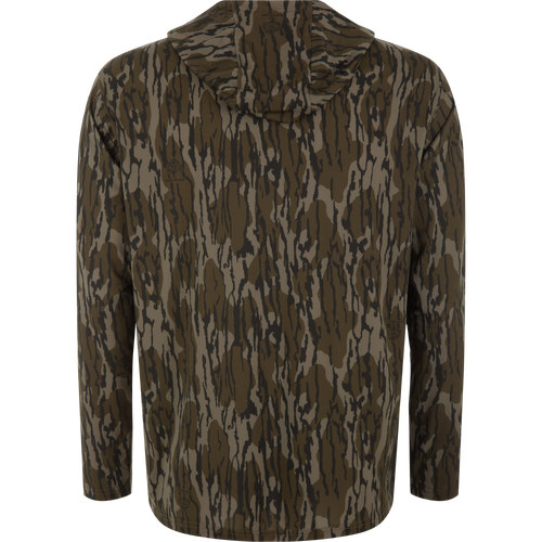 Lake Shore Performance Long Sleeve Hoodie in “Bottomland” camo, showcasing its lightweight, moisture-wicking fabric and UPF 50 protection, ideal for active outdoor pursuits.