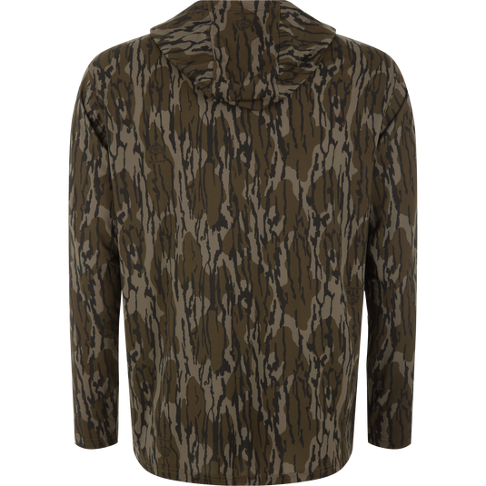 Lake Shore Performance Long Sleeve Hoodie in “Bottomland” camo, showcasing its lightweight, moisture-wicking fabric and UPF 50 protection, ideal for active outdoor pursuits.