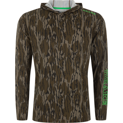 Lake Shore Performance Long Sleeve Hoodie features a Bottomland camouflage pattern, with Drake logo on the shoulder, offering cooling, sun protection, and moisture-wicking for active use.