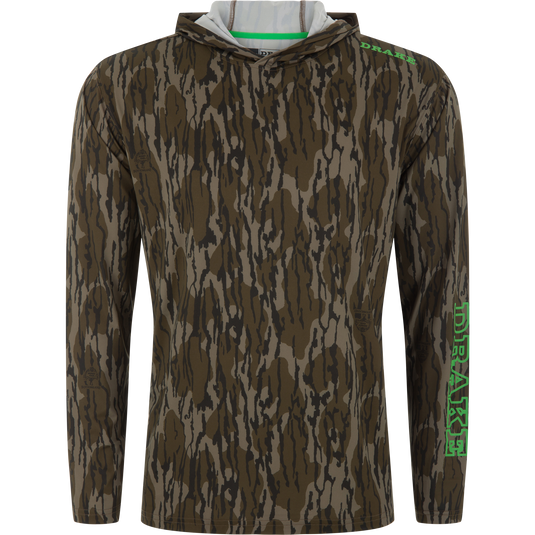 Lake Shore Performance Long Sleeve Hoodie features a Bottomland camouflage pattern, with Drake logo on the shoulder, offering cooling, sun protection, and moisture-wicking for active use.