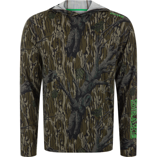Lake Shore Performance Long Sleeve Hoodie in treestand camo with DRAKE on the sleeve, featuring cooling technology, UPF 50, and moisture-wicking fabric.