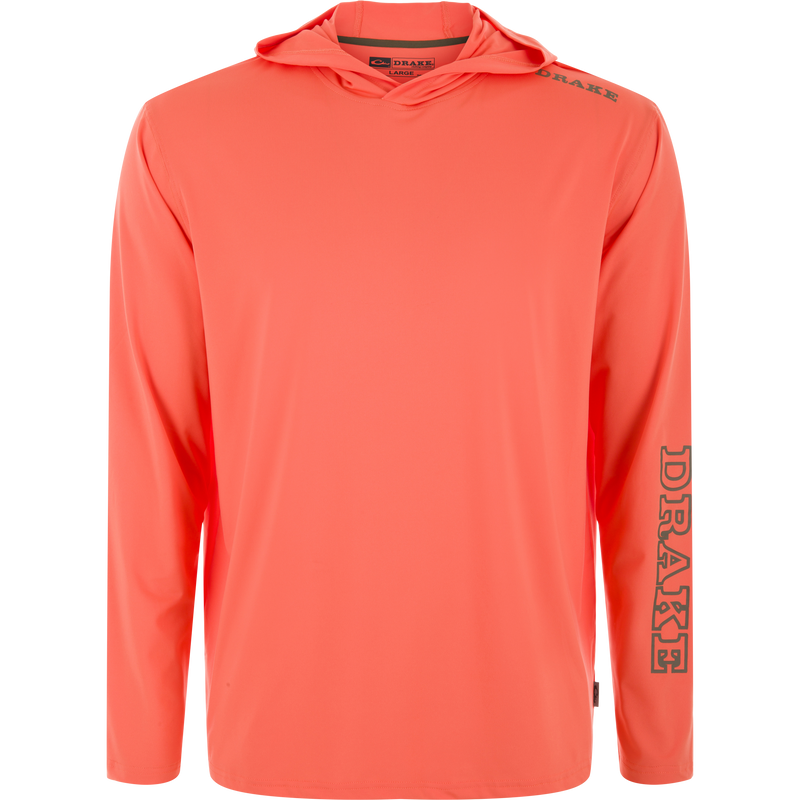 Lake Shore Performance Long Sleeve Hoodie with Drake logo, featuring cooling technology and UPF 50 protection, designed for active outdoor comfort.