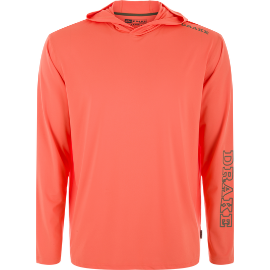 Lake Shore Performance Long Sleeve Hoodie with Drake logo, featuring cooling technology and UPF 50 protection, designed for active outdoor comfort.