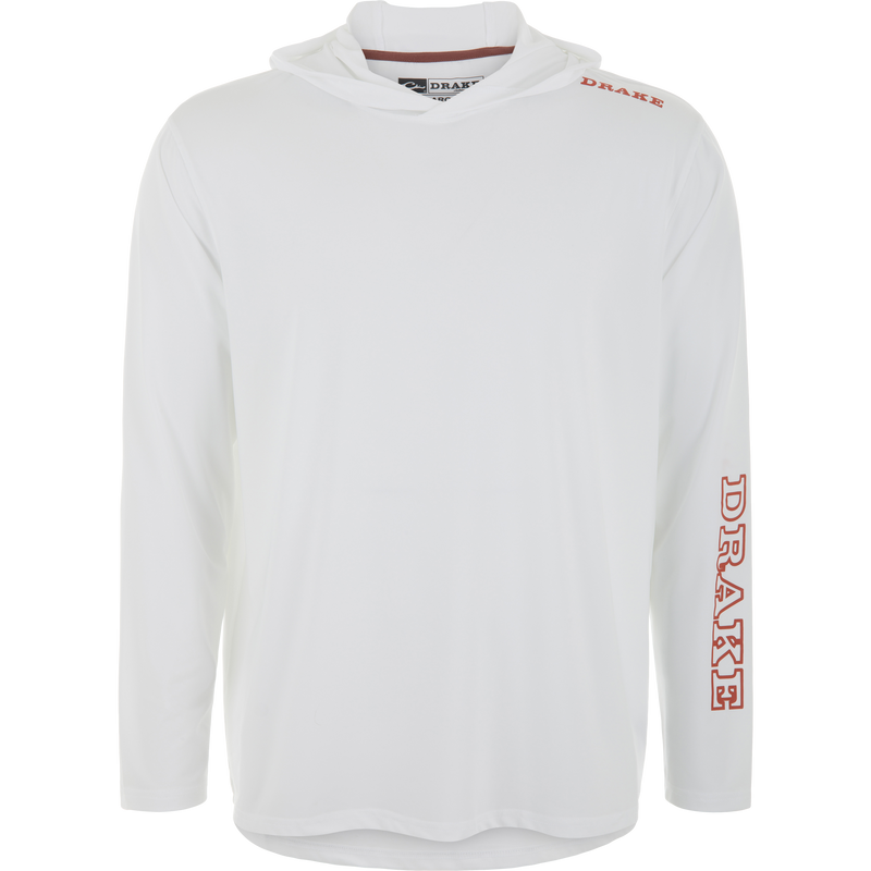 Lake Shore Performance Long Sleeve Hoodie on mannequin, featuring DRAKE text. Lightweight, moisture-wicking, with UPF 50 protection; ideal for active outdoor use.