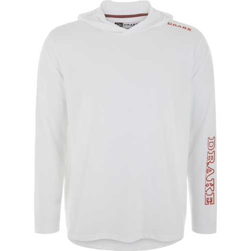 Lake Shore Performance Long Sleeve Hoodie on mannequin, featuring DRAKE text. Lightweight, moisture-wicking, with UPF 50 protection; ideal for active outdoor use.