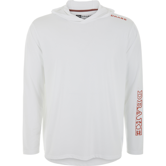 Lake Shore Performance Long Sleeve Hoodie on mannequin, featuring DRAKE text. Lightweight, moisture-wicking, with UPF 50 protection; ideal for active outdoor use.