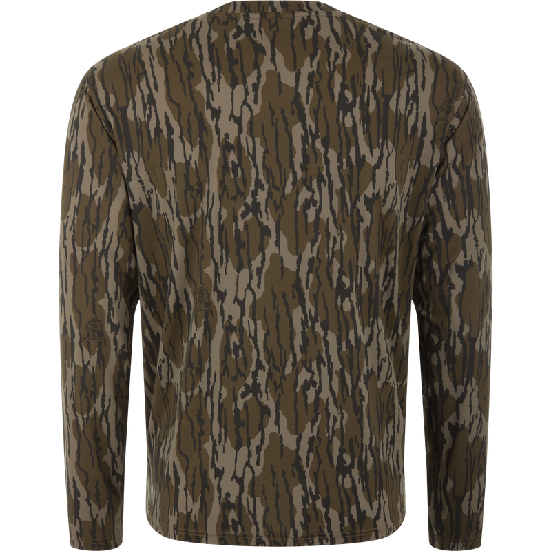 Back view of the Lake Shore Performance Long Sleeve Crew, featuring a stick camo pattern, designed for outdoor activities with cooling, moisture-wicking, and sun protection properties.