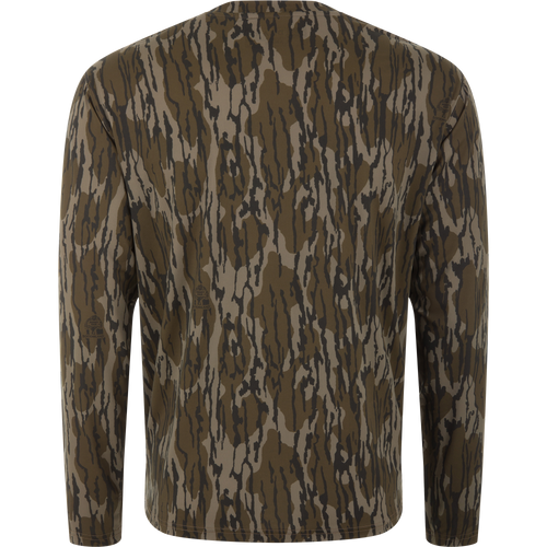 Back view of the Lake Shore Performance Long Sleeve Crew, featuring a stick camo pattern, designed for outdoor activities with cooling, moisture-wicking, and sun protection properties.