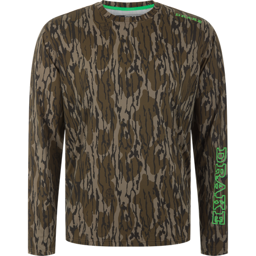 Lake Shore Performance Long Sleeve Crew, a camouflage hunting shirt with DRAKE branding, features moisture-wicking, quick-drying fabric and UPF 50 sun protection.
