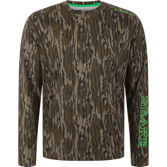 Lake Shore Performance Long Sleeve Crew, a camouflage hunting shirt with DRAKE branding, features moisture-wicking, quick-drying fabric and UPF 50 sun protection.