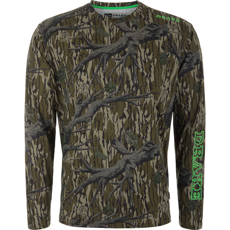 Lake Shore Performance Long Sleeve Crew in woodland camo, featuring DRAKE branding and Mossy Oak logos, designed for cooling, sun protection, and moisture-wicking comfort.