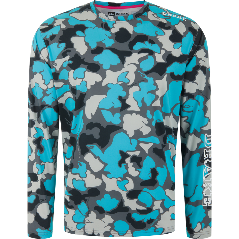 Lake Shore Performance Long Sleeve Crew with aqua camo pattern, Drake logo on sleeve, lightweight, moisture-wicking fabric ideal for outdoor activities like fishing.