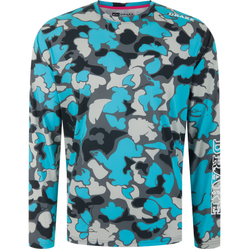 Lake Shore Performance Long Sleeve Crew with aqua camo pattern, Drake logo on sleeve, lightweight, moisture-wicking fabric ideal for outdoor activities like fishing.