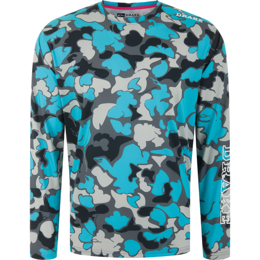 Lake Shore Performance Long Sleeve Crew with aqua camo pattern, Drake logo on sleeve, lightweight, moisture-wicking fabric ideal for outdoor activities like fishing.
