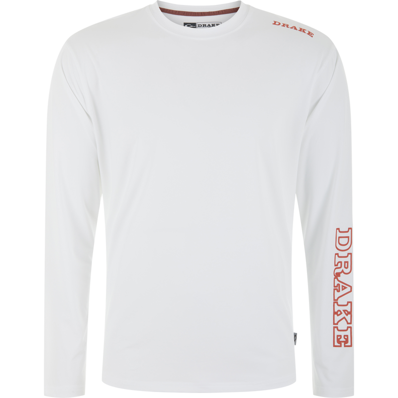 Lake Shore Performance Long Sleeve Crew with DRAKE on shoulder and sleeve, featuring cooling technology and sun protection, ideal for active outdoor pursuits.
