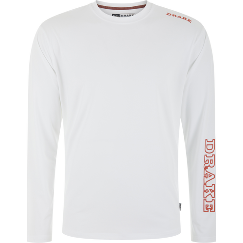 Lake Shore Performance Long Sleeve Crew with DRAKE on shoulder and sleeve, featuring cooling technology and sun protection, ideal for active outdoor pursuits.