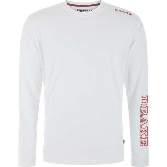 Lake Shore Performance Long Sleeve Crew with DRAKE on shoulder and sleeve, featuring cooling technology and sun protection, ideal for active outdoor pursuits.