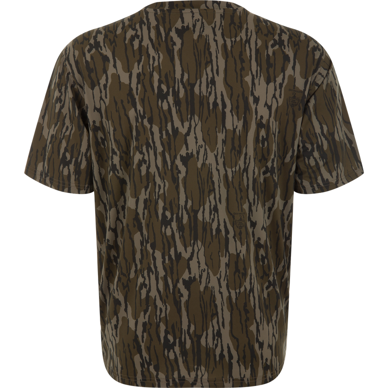 Lake Shore Performance Short Sleeve Crew T-Shirt with abstract woodland pattern, featuring cooling technology and UPF 50 protection, ideal for outdoor and hunting activities.