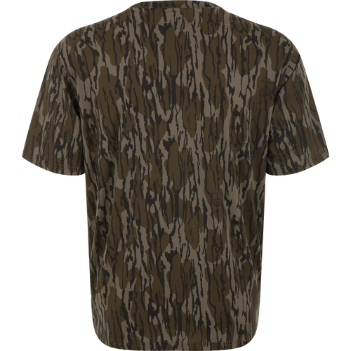 Lake Shore Performance Short Sleeve Crew T-Shirt with abstract woodland pattern, featuring cooling technology and UPF 50 protection, ideal for outdoor and hunting activities.