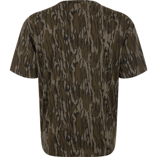 Lake Shore Performance Short Sleeve Crew T-Shirt with abstract woodland pattern, featuring cooling technology and UPF 50 protection, ideal for outdoor and hunting activities.