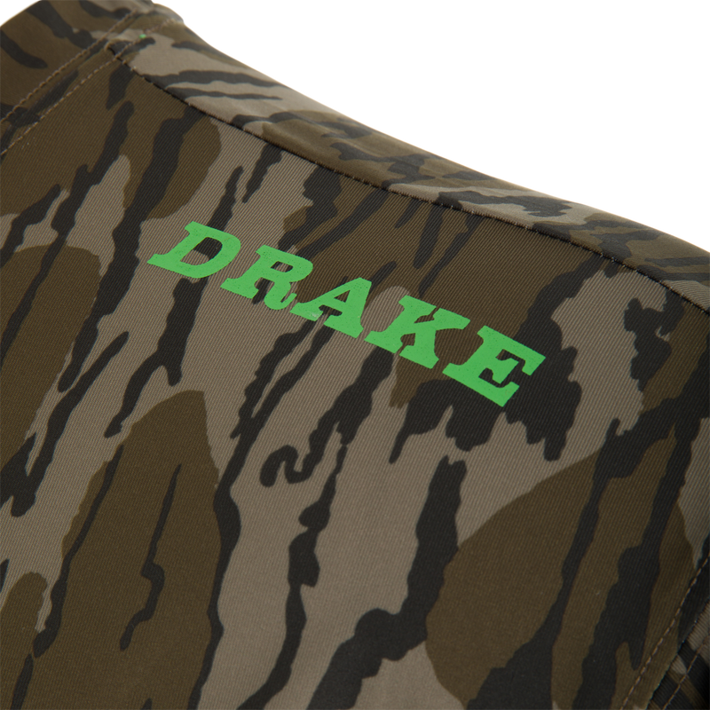 Lake Shore Performance Short Sleeve Crew T-Shirt with camo pattern, DRAKE brand logo, featuring cooling technology and UPF 50 protection, ideal for outdoor activities.
