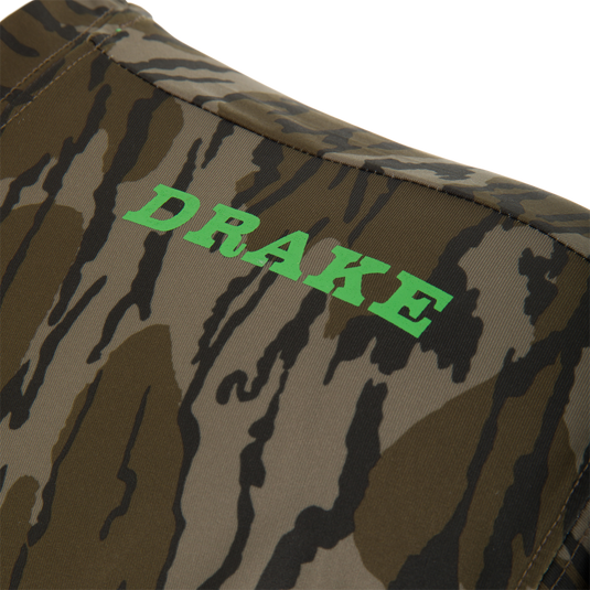 Lake Shore Performance Short Sleeve Crew T-Shirt with camo pattern, DRAKE brand logo, featuring cooling technology and UPF 50 protection, ideal for outdoor activities.