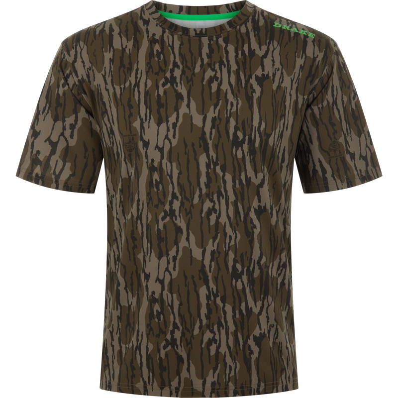 Lake Shore Performance Short Sleeve Crew T-Shirt with woodland camouflage, green collar trim, and DRAKE logo, ideal for active, sun-protected, moisture-wicking outdoor wear.