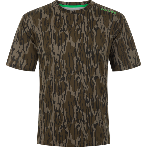 Lake Shore Performance Short Sleeve Crew T-Shirt with woodland camouflage, green collar trim, and DRAKE logo, ideal for active, sun-protected, moisture-wicking outdoor wear.