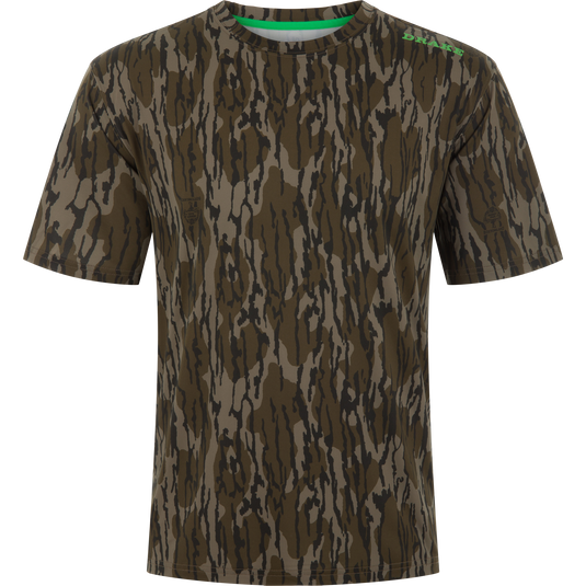 Lake Shore Performance Short Sleeve Crew T-Shirt with woodland camouflage, green collar trim, and DRAKE logo, ideal for active, sun-protected, moisture-wicking outdoor wear.