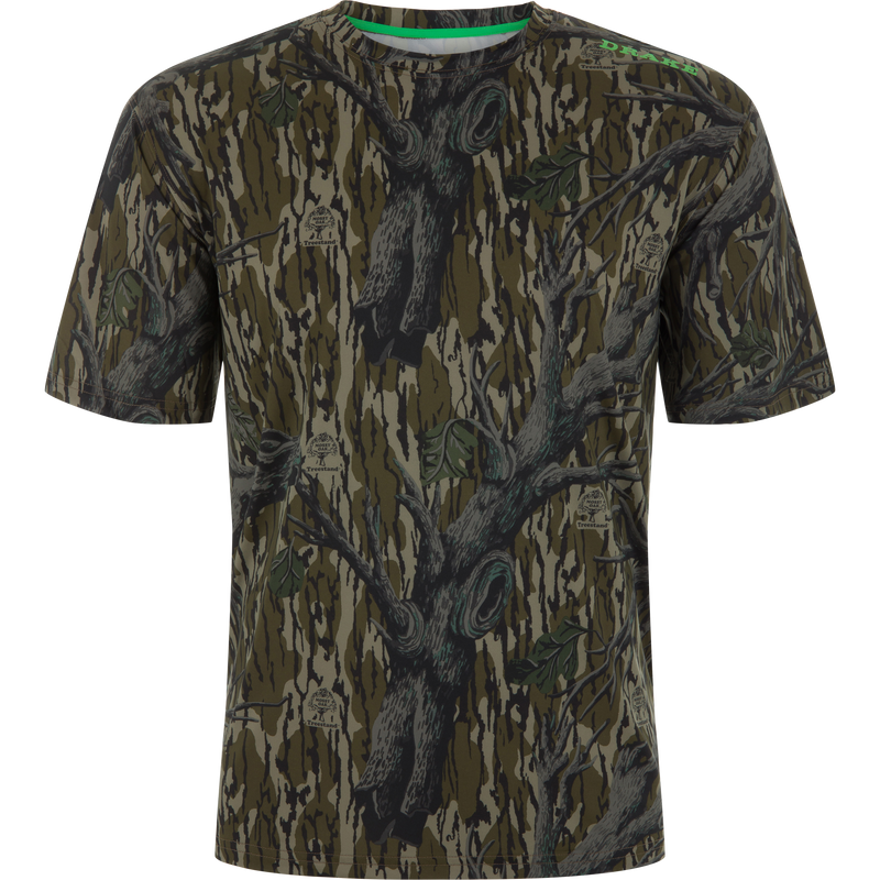 Lake Shore Performance Short Sleeve Crew T-Shirt with treestand camo design, featuring DRAKE on shoulder, offers cooling, UPF 50 protection, and moisture-wicking fabric.