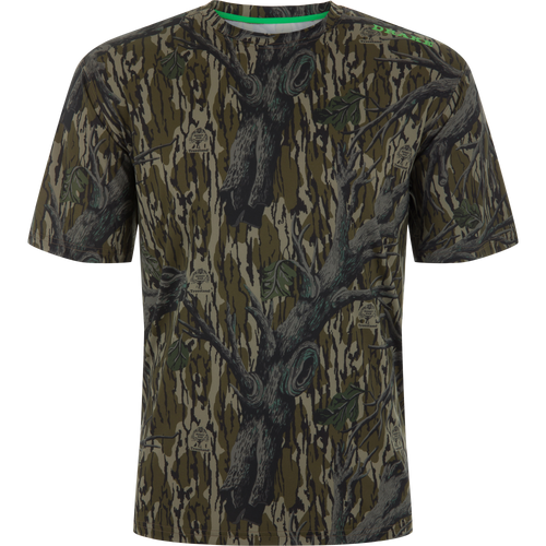 Lake Shore Performance Short Sleeve Crew T-Shirt with treestand camo design, featuring DRAKE on shoulder, offers cooling, UPF 50 protection, and moisture-wicking fabric.