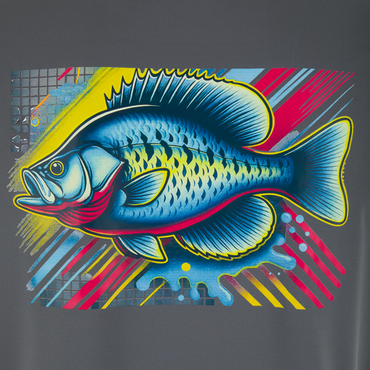 Lake Shore Performance Short Sleeve Crew T-Shirt featuring a stylized fish graphic, ideal for water activities with cooling technology and UPF 50 protection.
