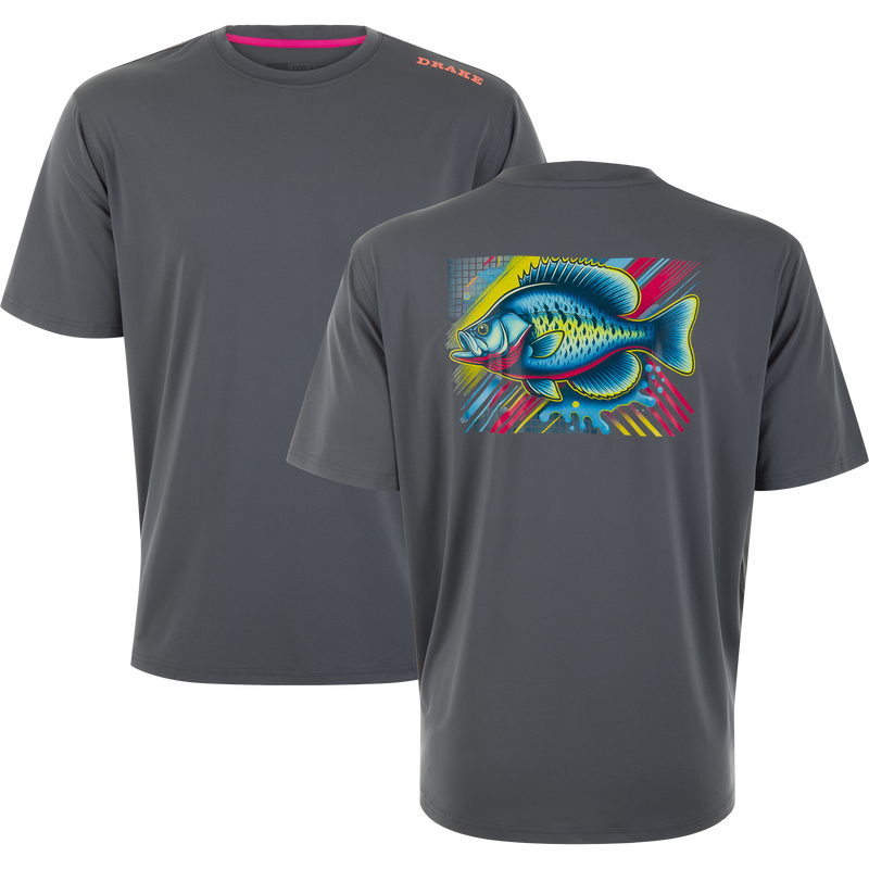 Lake Shore Performance Short Sleeve Crew T-Shirt featuring a plain front with DRAKE logo and a vibrant sunfish graphic on the back, ideal for outdoor activities.