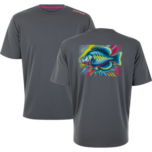 Lake Shore Performance Short Sleeve Crew T-Shirt featuring a plain front with DRAKE logo and a vibrant sunfish graphic on the back, ideal for outdoor activities.