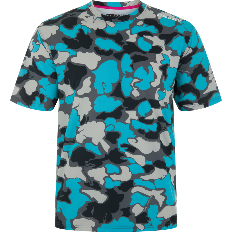 Lake Shore Performance Short Sleeve Crew T-Shirt with stylized camouflage pattern and DRAKE logo, featuring moisture-wicking, quick-drying fabric and UPF 50 protection.
